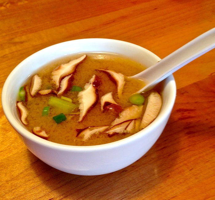 miso soup with shitake mushrooms, tofu, scallions